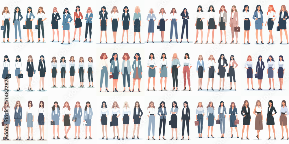 Female office worker collection vector characters in simple and minimalist flat design style - obrazy, fototapety, plakaty 
