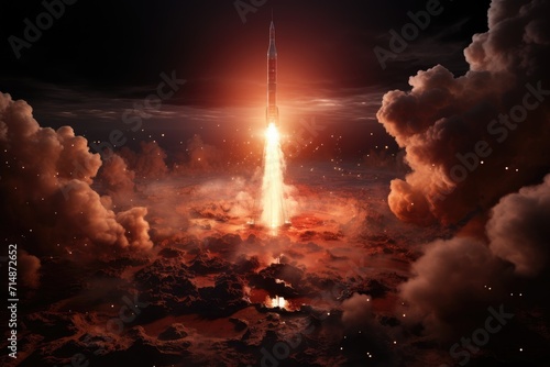 As the rocket pierces through the clouds, a fiery explosion ignites the sky, leaving behind a trail of smoke and pollution as it journeys towards the vast unknown of outer space