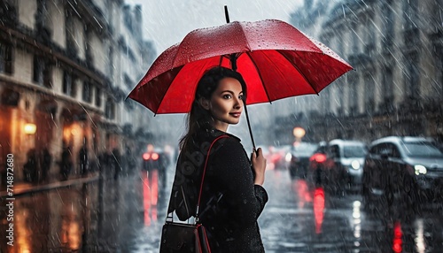 woman in the rain on the street with a red umbrella