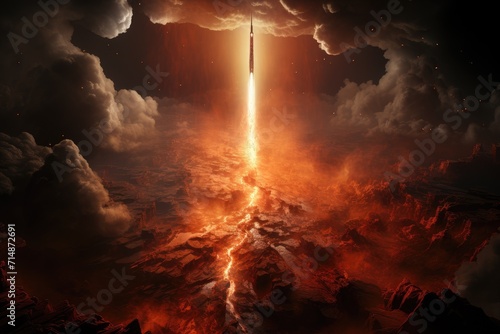 A fiery rocket pierces through the clouds, leaving behind a trail of smoke and heat reminiscent of a volcanic explosion, its pollution contrasting against the peacefulness of the mountainous night sk