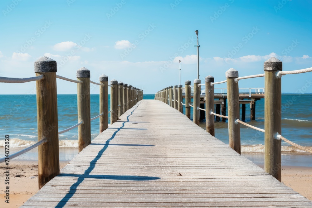 Wooden Pier With Rope Railing Leading to the Ocean Wooden Pier With Rope Railing Leading to the Ocean