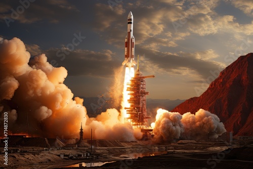 Amidst the billowing smoke and expansive sky  a powerful rocket soars from its launch pad  a symbol of human innovation and the endless possibilities of space travel