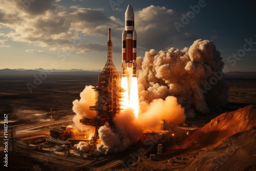 A powerful rocket soars into the endless sky, its fiery smoke trailing behind as it transports a spacecraft to unknown destinations from the sturdy launch pad on the ground