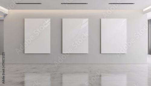 3 Frame Painting Mockups white canvas paintings in an empty room, in the style of clean minimalist line