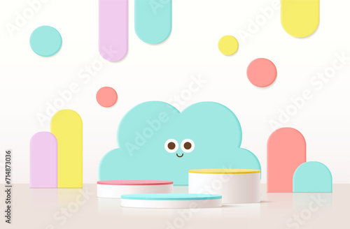 Vector background with cute design in paper cut style. Geometric pastel color background, design for kids or product display podium 3d render..