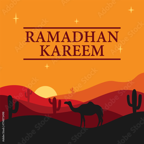 illustration of a camel walking in a desert and a sunset. background and banner ramadan the holy month.