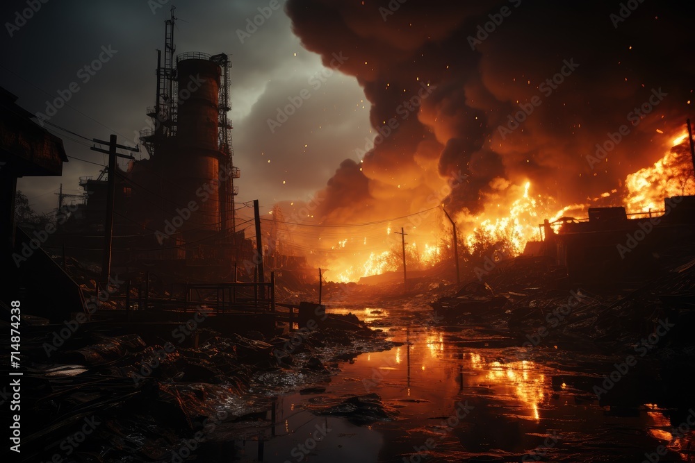The night sky was engulfed in a thick cloud of pollution and smoke, as the heat and disaster of a factory explosion filled the air with fire and destruction