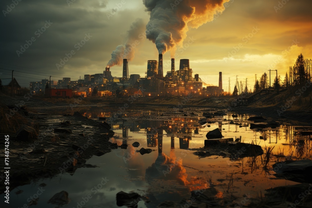 As the sun sets over the city, the reflection of a polluted factory's smoke stacks looms over the tranquil lake, casting a dark cloud over the once pristine outdoor landscape