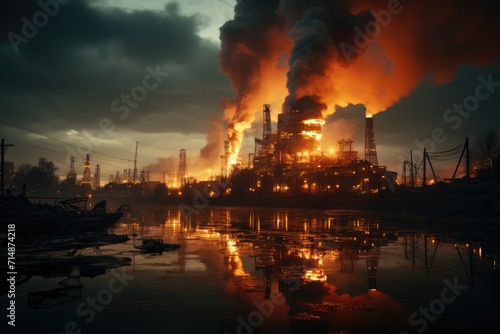The sunset sky was filled with pollution as the factory exploded, sending smoke and heat into the air and water, a devastating natural disaster destroying the beauty of nature in the night