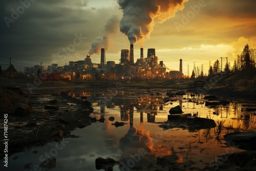 As the sun sets over the city  the reflection of a polluted factory s smoke stacks looms over the tranquil lake  casting a dark cloud over the once pristine outdoor landscape