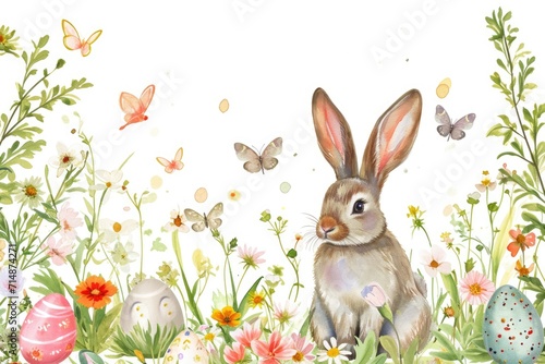 Easter Bunny in Spring Watercolor. Watercolor of a bunny among flowers and Easter eggs.