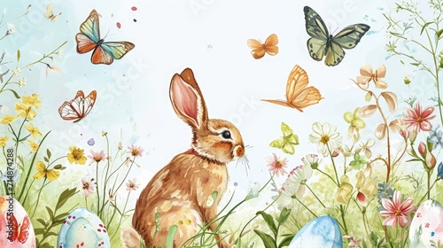 Fototapeta Naklejka Na Ścianę i Meble -  Easter Bunny in Spring Watercolor. Watercolor of a bunny among flowers and Easter eggs.