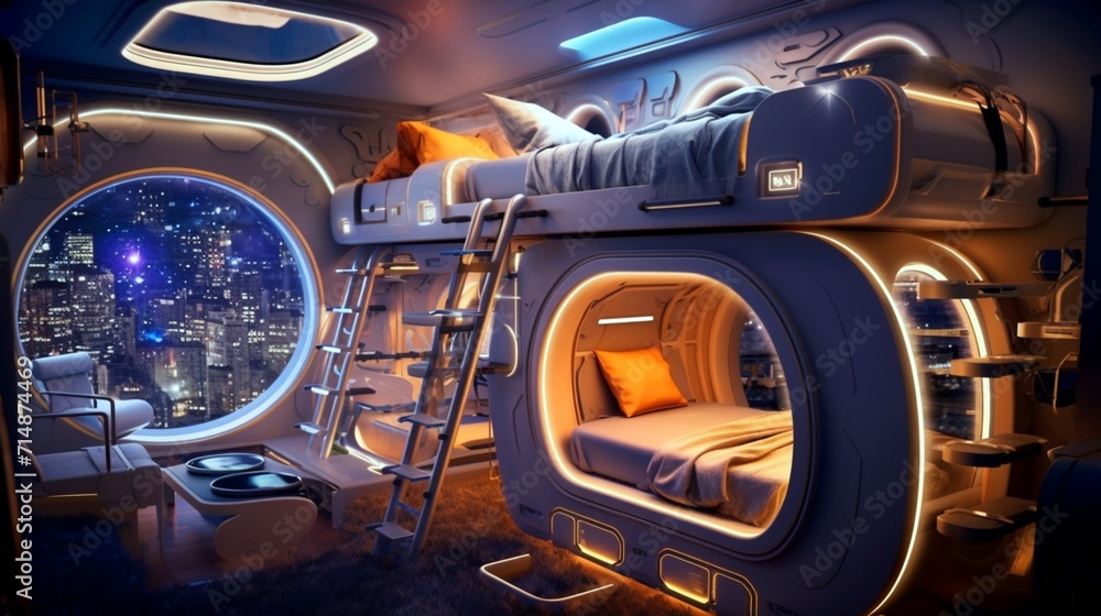 An intergalactic haven with a spaceship bunk bed, cosmic wall art, and futuristic gadgets, propelling dreams beyond the stars.