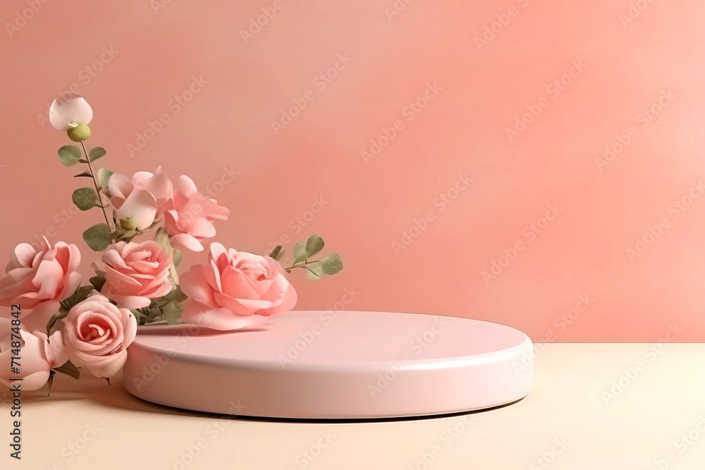 Abstract background with pink flowers and a podium for product on a light pink background Abstract background with pink flowers and a podium for product on a light pink background