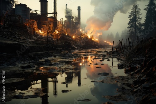 A haunting image of a once serene river now engulfed in pollution, as smoke rises from the water's surface, reflecting the devastation of a natural disaster caused by a nearby factory fire