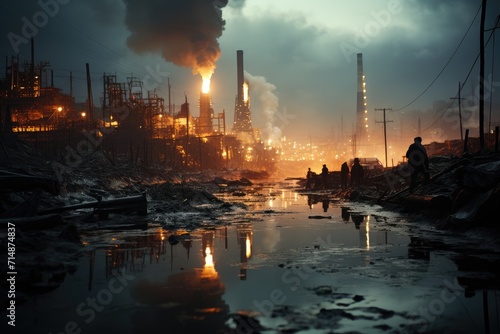 Under the polluted sky, a weary group trudges along a muddy road, surrounded by towering factories belching smoke into the fading sunset, a stark reminder of the damaging impact of industry on our en