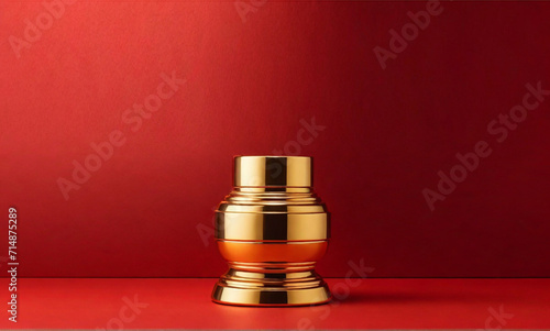 Golden piedestal for luxury product display on red background, branding and marketing background concept for Valentine's day photo