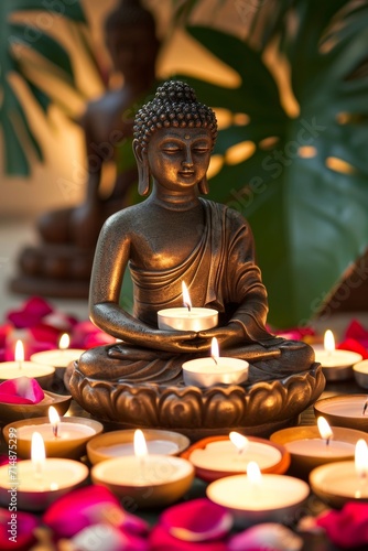 Illuminated Buddha in Candlelight. An illuminated Buddha statue meditating, surrounded by the warm glow of candlelight.