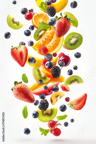 Juicy ripe mix of fruits flying on white background