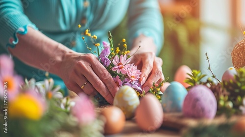 A close-up of a woman's hands as she carefully arranges Easter-themed table decorations