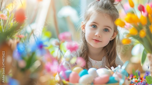 A happy little girl in a vivid garden with blooming flowers and colorful decorations is looking for Easter eggs