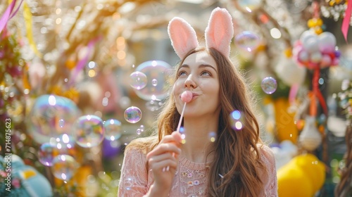A happy lady wearing bunny ears blows bubbles in an Easter-decorated yard © Stone Shoaib