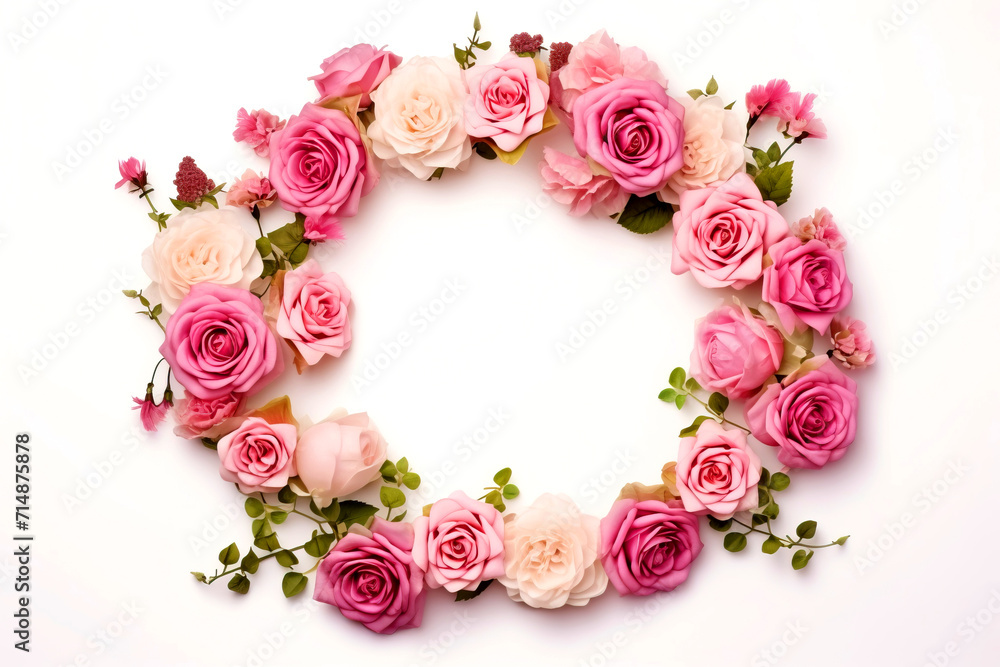 Postcard with a blank frame surrounded by rose flowers on a white background, template for congratulations on March 8, Valentine's Day or birthday Postcard with a blank frame surrounded by rose flowers on a white background, template for congratulations on March 8, Valentine's Day or birthday