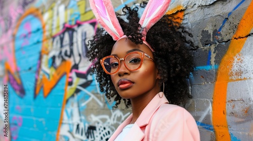 A stylish woman with bunny ears poses against a graffiti-covered wall in an urban Easter setting