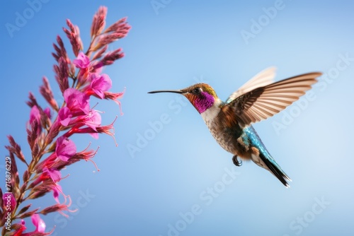Hummingbird over a tropical flower - flight. Colibri thalassinus, hummingbird in natural habitat, against blue sky photo