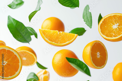 Juicy ripe oranges with green leaves flying on white background