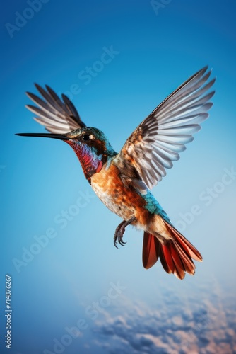 A rare beautiful bird of the colibri species soaring against the sky. concept ornithology. tropical fauna. ecology.