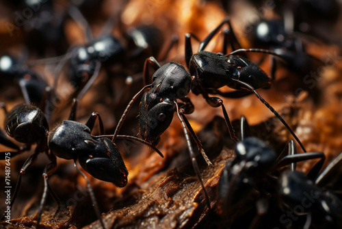 Close-up view of black ants with intricate details of their legs and antennae. © Gun