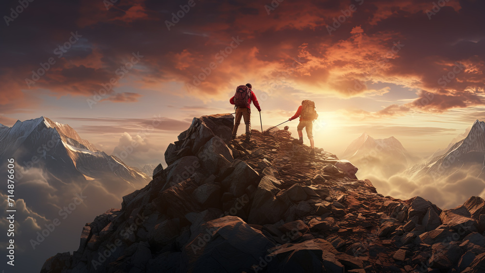 Fototapeta premium Summit Companions - A Hiker's Journey to the Top