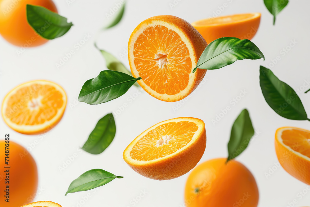 Juicy ripe oranges with green leaves flying on white background Juicy ripe oranges with green leaves flying on white background