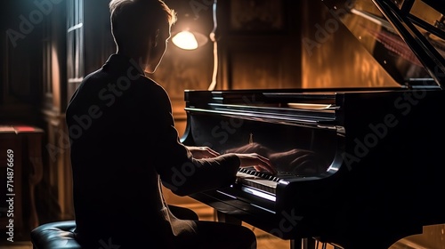 The senior pianist plays the grand piano in the wood-lined room, highlighting his experience and the depth of his musical passion. © Kostya