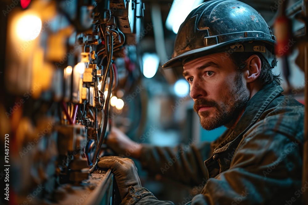 man with a graying beard, dressed in a work uniform with an orange safety helmet on his head. Traces of dirt and oil are visible on the face. Concept: physical labor and engineering activities man with a graying beard, dressed in a work uniform with an orange safety helmet on his head. Traces of dirt and oil are visible on the face. Concept: physical labor and engineering activities