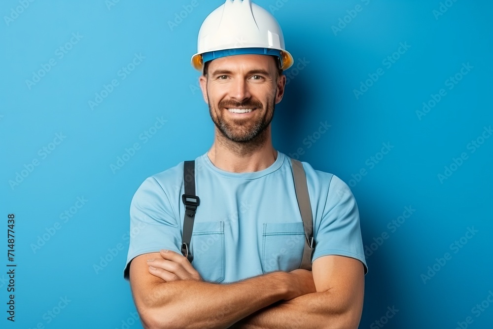 A man in a white construction helmet and work shirt on a blue background. Concept: specialist or engineer, advertising construction services, labor protection or vocational training. Banner with copy A man in a white construction helmet and work shirt on a blue background. Concept: specialist or engineer, advertising construction services, labor protection or vocational training. Banner with copy