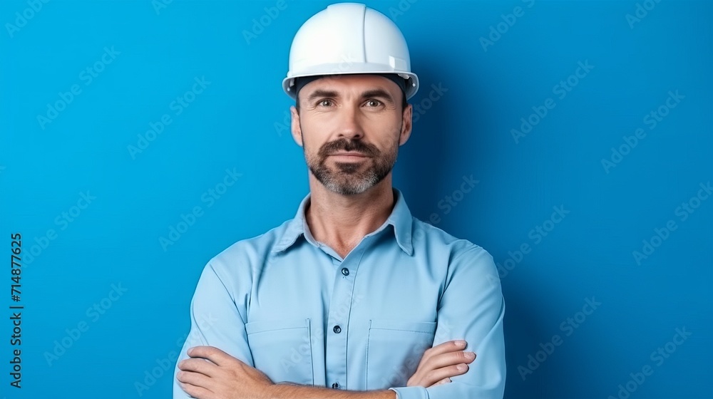 A man in a white construction helmet and work shirt on a blue background. Concept: specialist or engineer, advertising construction services, labor protection or vocational training. Banner with copy  - obrazy, fototapety, plakaty 