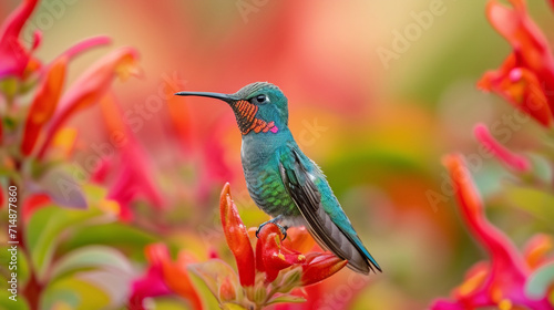 Broad billed hummingbird feeding on a thistle. AI Generative