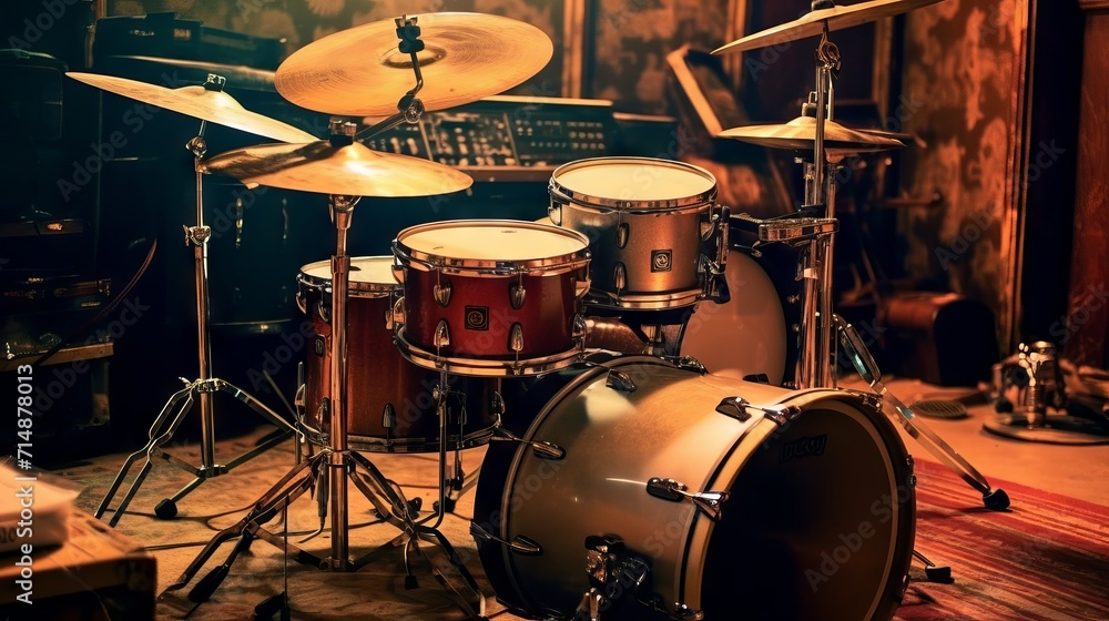 image shows a complete drum kit including bass drum, cymbals, toms and timpani