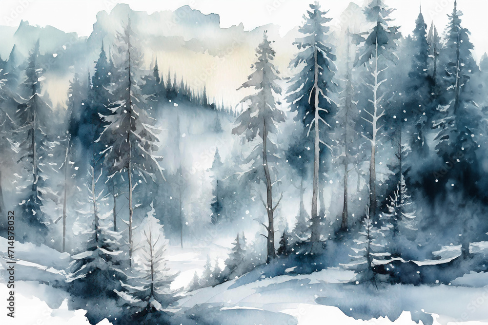 Watercolor illustration of mountainous landscape with pine trees among the mist. Wild nature in winter. AI Generated