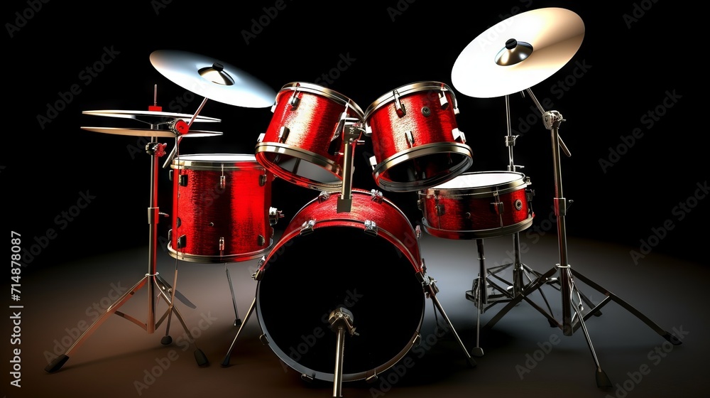 A red drum kit with white rims is professionally placed against a dark background, highlighting its bright color and clean lines.