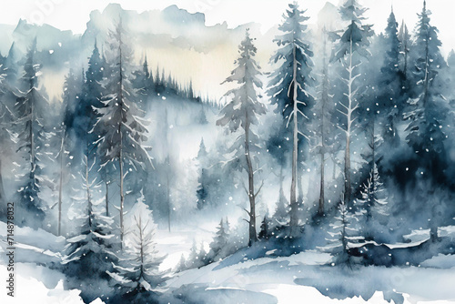 Watercolor illustration of mountainous landscape with pine trees among the mist. Wild nature in winter. AI Generated