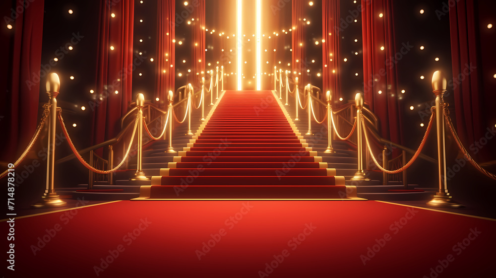 Red carpet staircase with smoke and spotlights, holiday awards ceremony event Red carpet staircase with smoke and spotlights, holiday awards ceremony event
