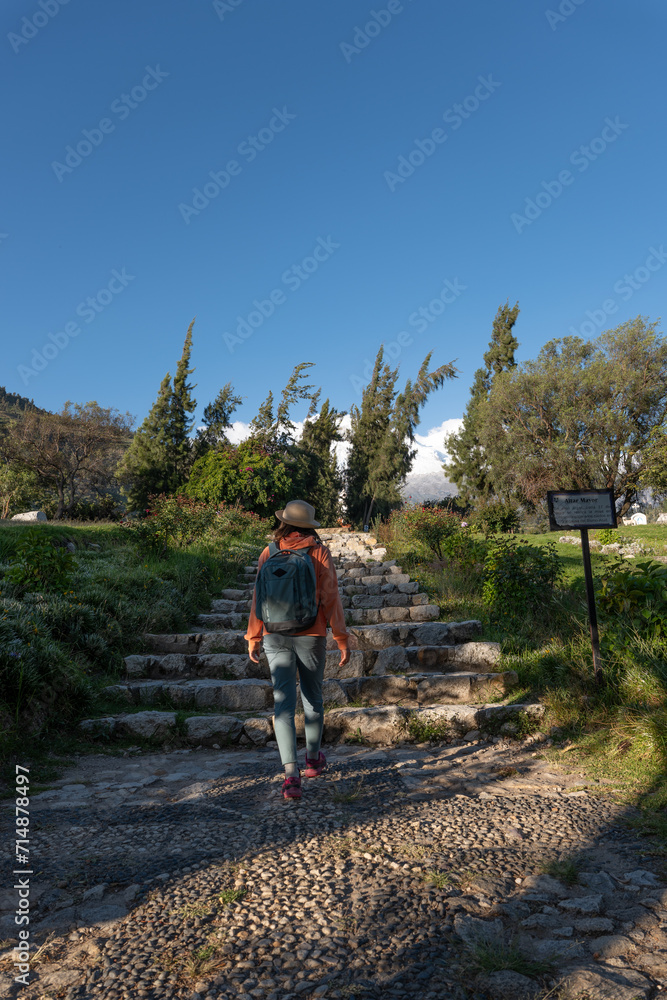 Fototapeta premium Tourist walks through the holy cemetery made in honor of the victims of an avalanche in the town of Yungay.