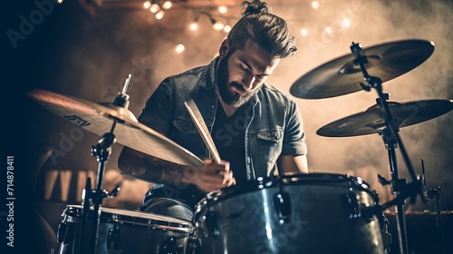 The combed-haired drummer is seriously focused on playing against the backdrop of stage smoke and lights, creating an intense and impressive show.