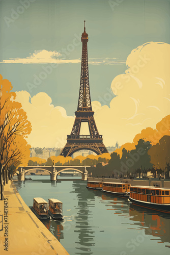 A vintage retro style travel poster for Paris, France with the famous Eiffel tower and River Seine