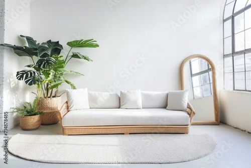 Modern  white minimalist interior. Modern interior design for posters in the living room layout with a white sofa with space to copy. High quality photo. generative ai.