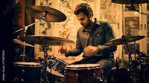 A blue-shirted drummer concentrates on his drum kit against a backdrop of warm, golden lighting that adds depth and emotion to his performance.