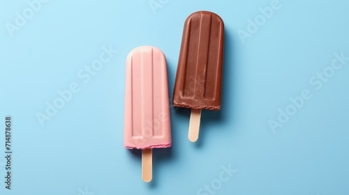 Ice creams on a stick of different colors and flavors are lined up on a light green background. Concept: Children's summer treat. Cold dessert without sugar or substitutes. Copy space
 photo